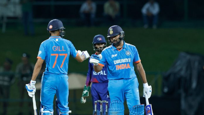 India (147/0) defeated Nepal (230) by 10 wickets using the DLS technique to go to the Super 4 round