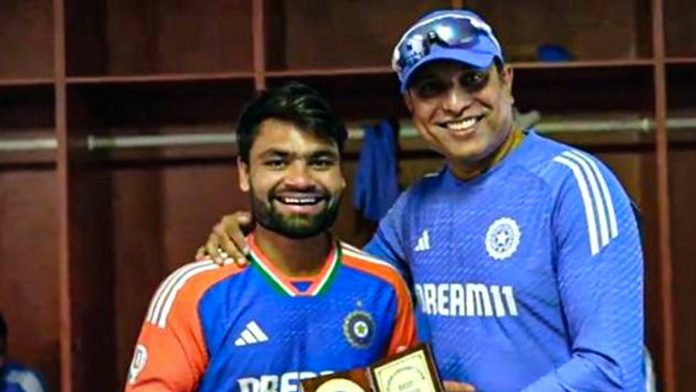 VVS Laxman awards Rinku Singh with the 'Fielder of the Series' trophy following India's 4-1 victory over Zimbabwe