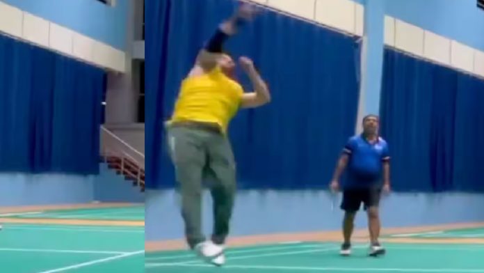 MS Dhoni Shows Off His Badminton Skills To Astonish Opponents with strong smashes